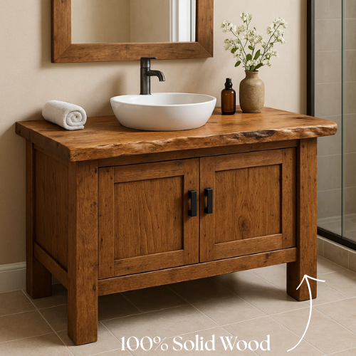 Handcrafted Solid Wood Bathroom Vanity – Live Edge Countertop with Double Door Storage