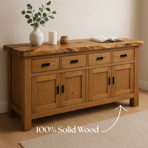 Handcrafted Solid Wood Live Edge Console Table – Natural Oak with Drawers and Cabinets