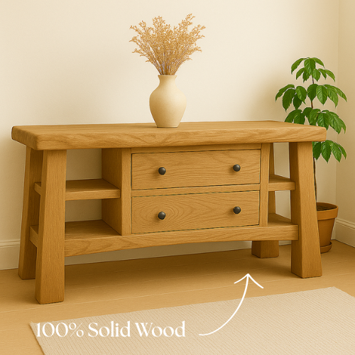 Handcrafted Solid Wood Console Table – Modern Rustic Oak with Drawers and Side Shelves