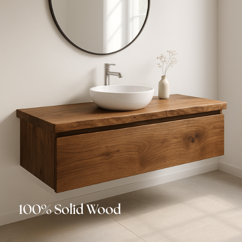 Handcrafted Floating Solid Wood Bathroom Vanity – Modern Live Edge Countertop with Single Drawer – Minimalist Natural Finish