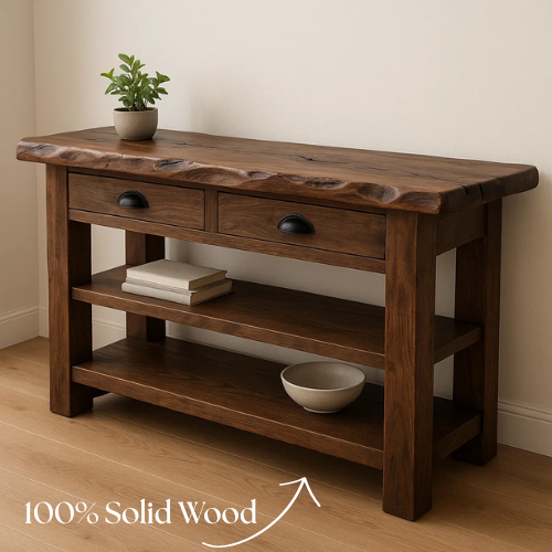 Handcrafted Solid Wood Live Edge Console Table – Walnut Finish with Drawers and Open Shelves