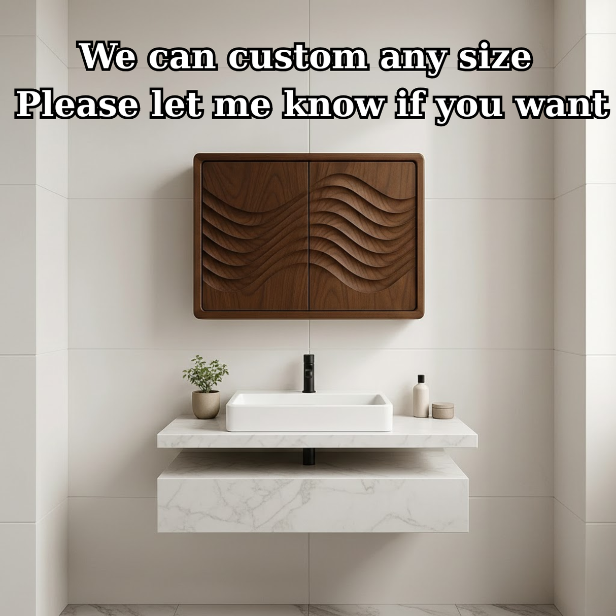Handcrafted Solid Wood Wall Cabinet with Sculpted Wave Doors – Modern Artistic Bathroom Storage