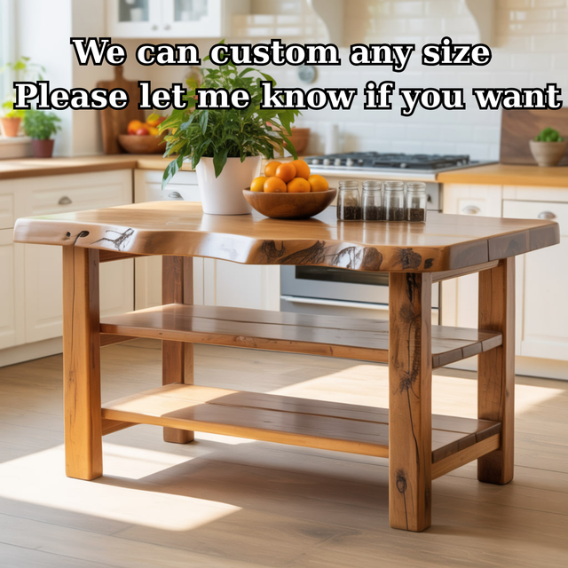 Handcrafted Solid Wood Kitchen Island - Natural Live-Edge Top & Open Shelving