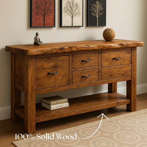 Handcrafted Solid Wood Live Edge Console Table – Rustic Oak Design with Multiple Drawers and Bottom Shelf