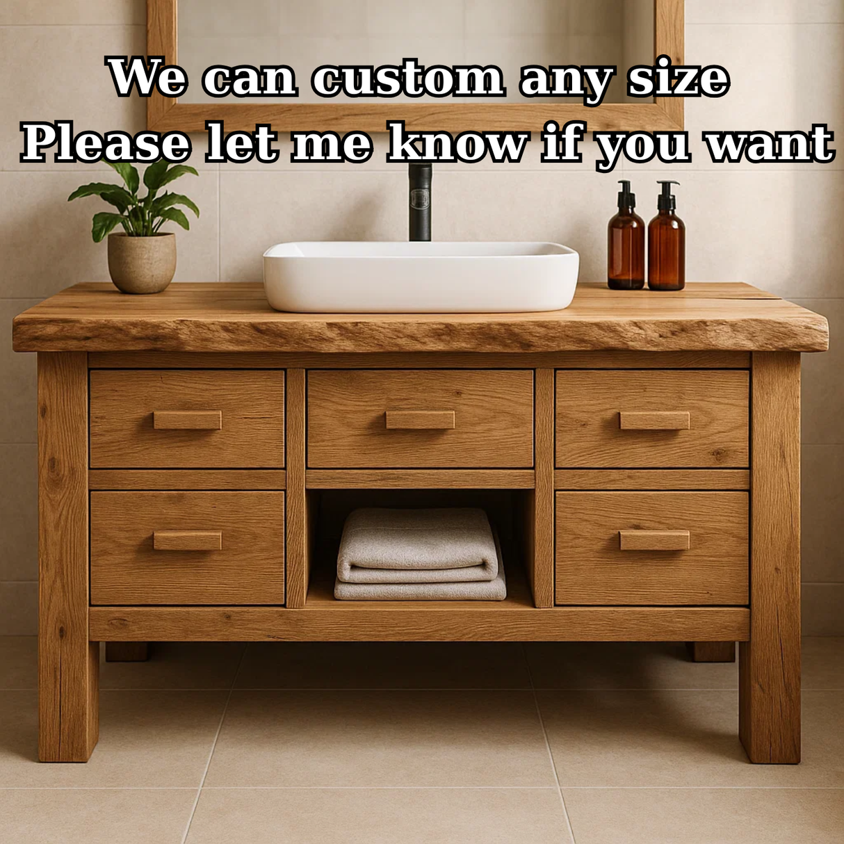 Handcrafted Solid Wood Bathroom Vanity - Live Edge Storage Cabinet with 6 Drawers & Shelf