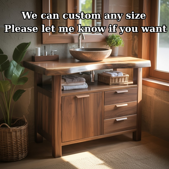 Handcrafted Solid Wood Bathroom Vanity with Live Edge Walnut Top and Storage Drawers