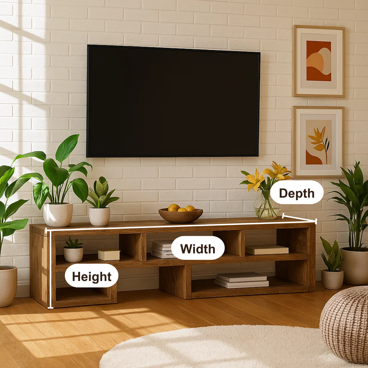 Handcrafted Solid Wood TV Stand – Minimalist Open Shelf Media Console for Modern Interiors