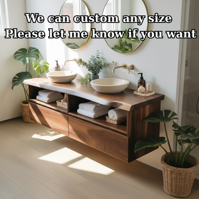 Handcrafted Solid Wood Floating Bathroom Vanity with Open Shelves & Soft-Close Drawers