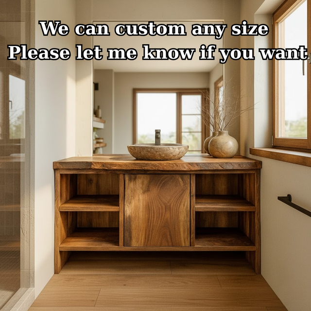 Handcrafted Solid Wood Bathroom Vanity with Central Sliding Door & Open Storage Shelves