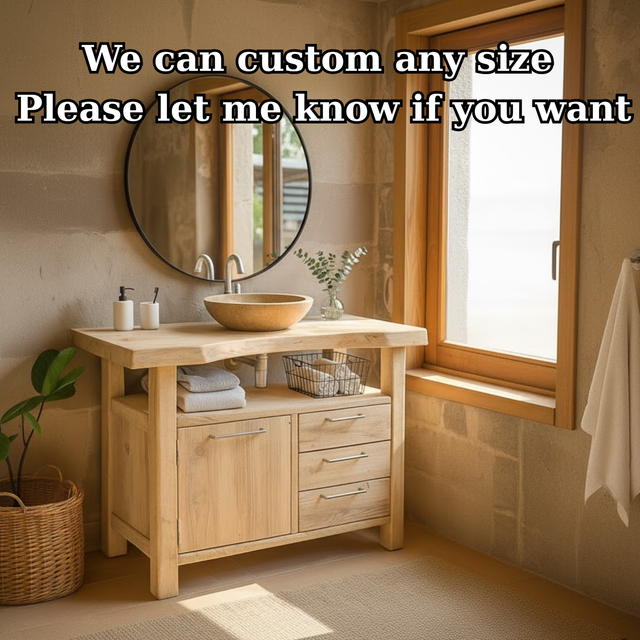 Handcrafted Solid Wood Bathroom Vanity with Live Edge Oak Top and Storage Drawers