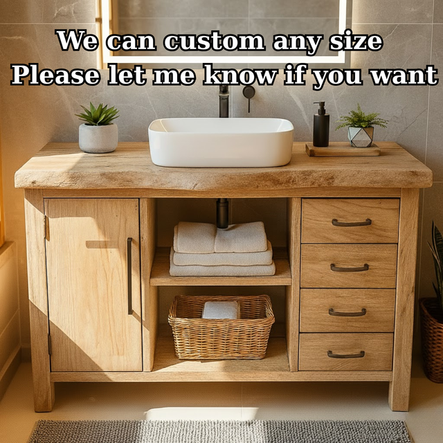 Handcrafted Solid Wood Bathroom Vanity with Live Edge Oak Top and Open Storage