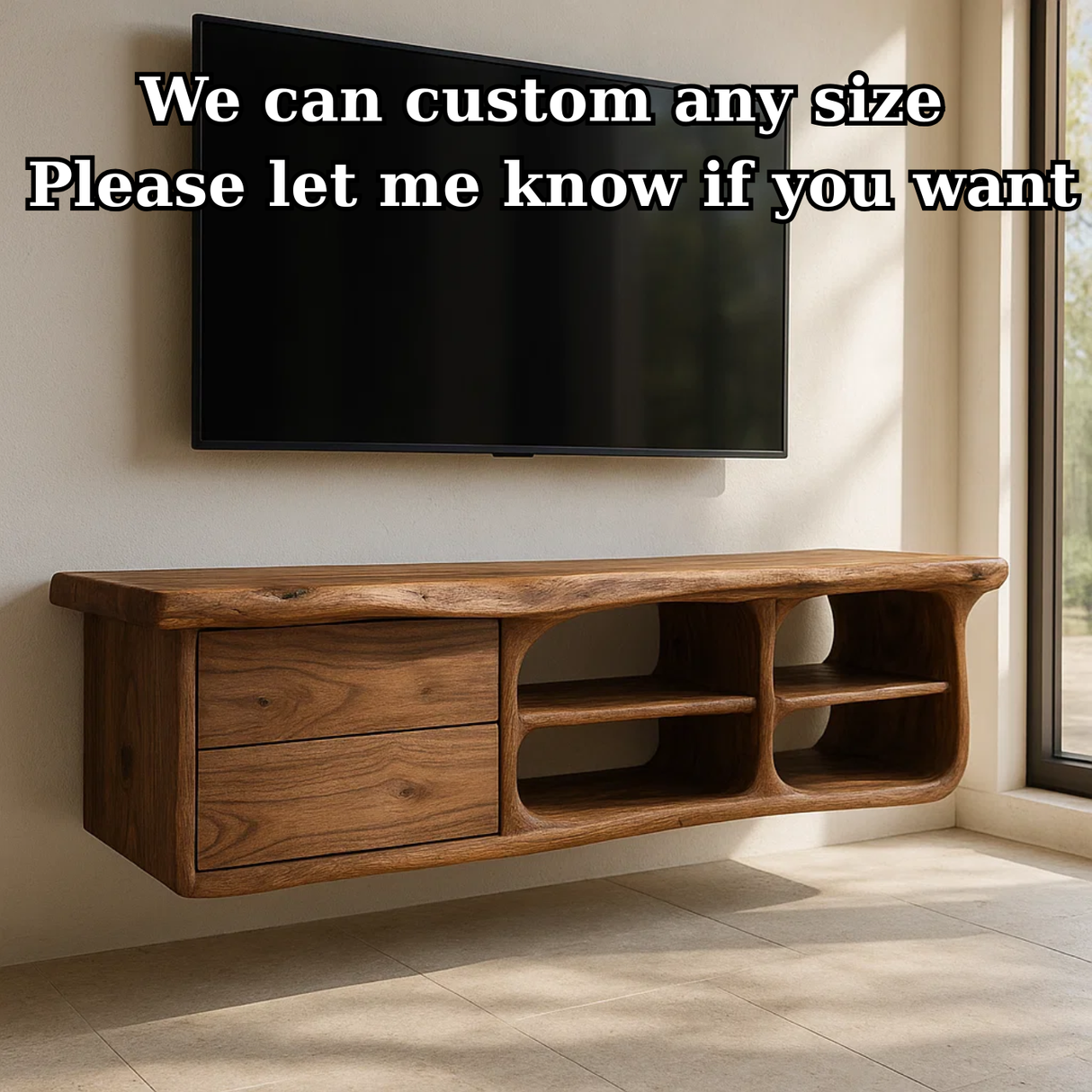 Handcrafted Solid Wood Floating TV Stand with Live Edge - Rustic Modern Media Console
