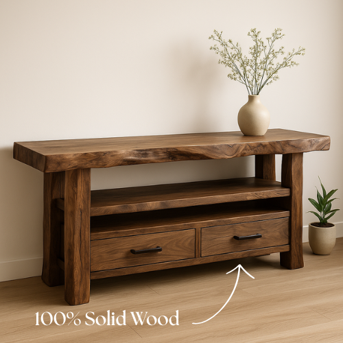 Handcrafted Solid Wood Live Edge Console Table – Rustic Walnut Design with Drawers and Open Shelf