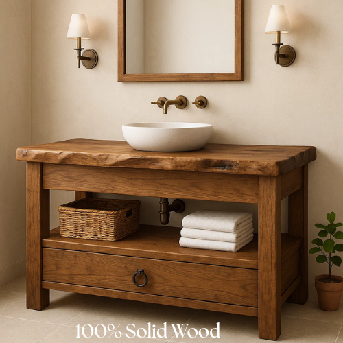 Handcrafted Solid Wood Bathroom Vanity – Live Edge Countertop with Drawer and Shelf – Rustic Organic Farmhouse Sink Console