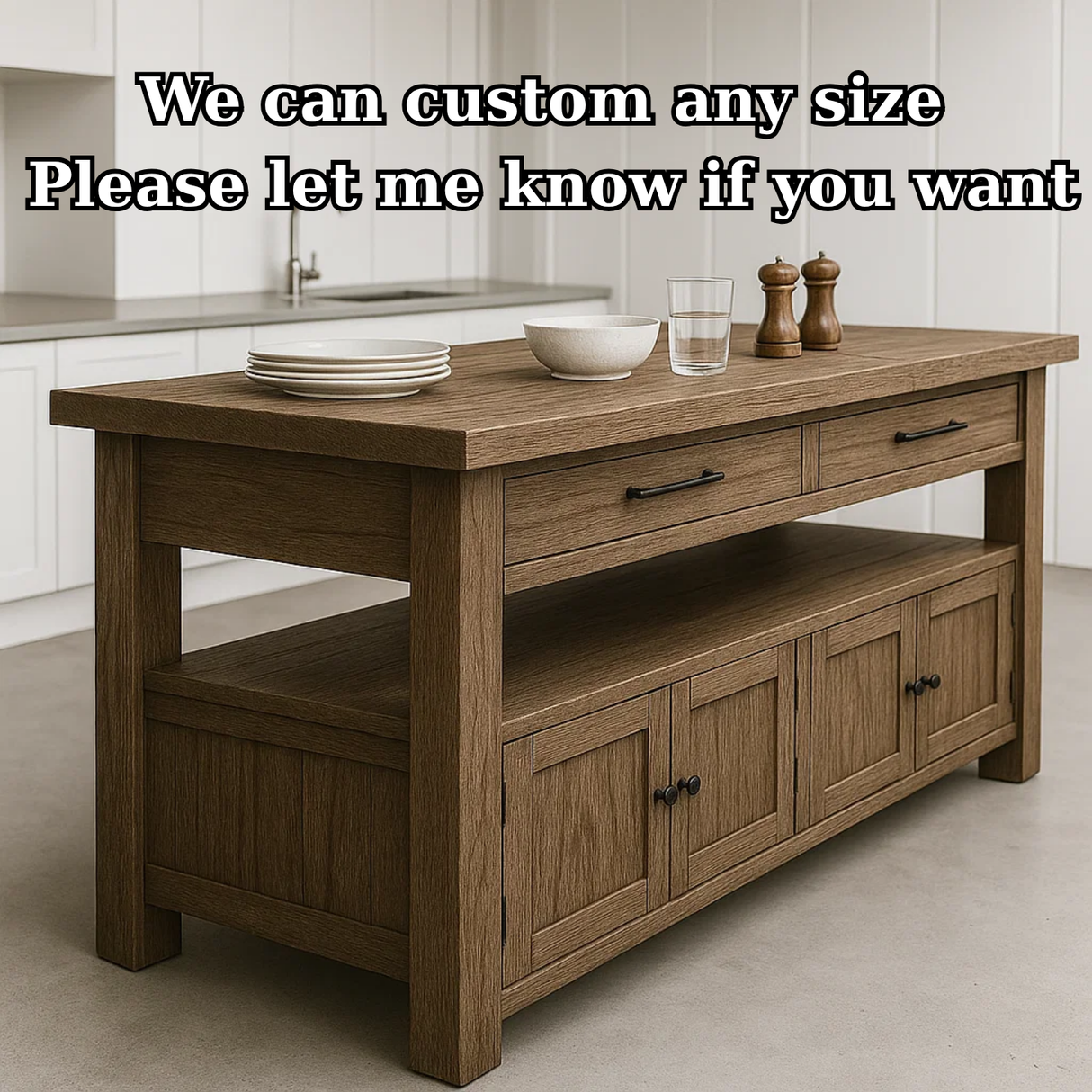 Handcrafted Solid Wood Kitchen Island - Long Design, Drawers & Cabinets