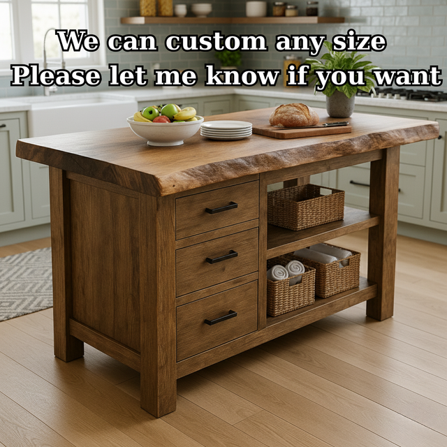 Handcrafted Solid Wood Kitchen Island - Live Edge, Drawers & Open Shelves