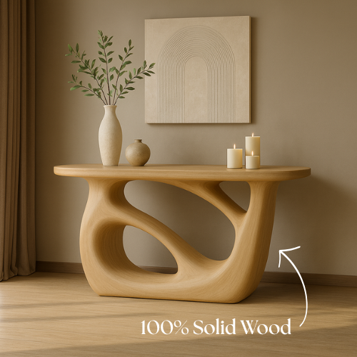 Handcrafted Solid Wood Sculptural Console Table – Light Oak Organic Form
