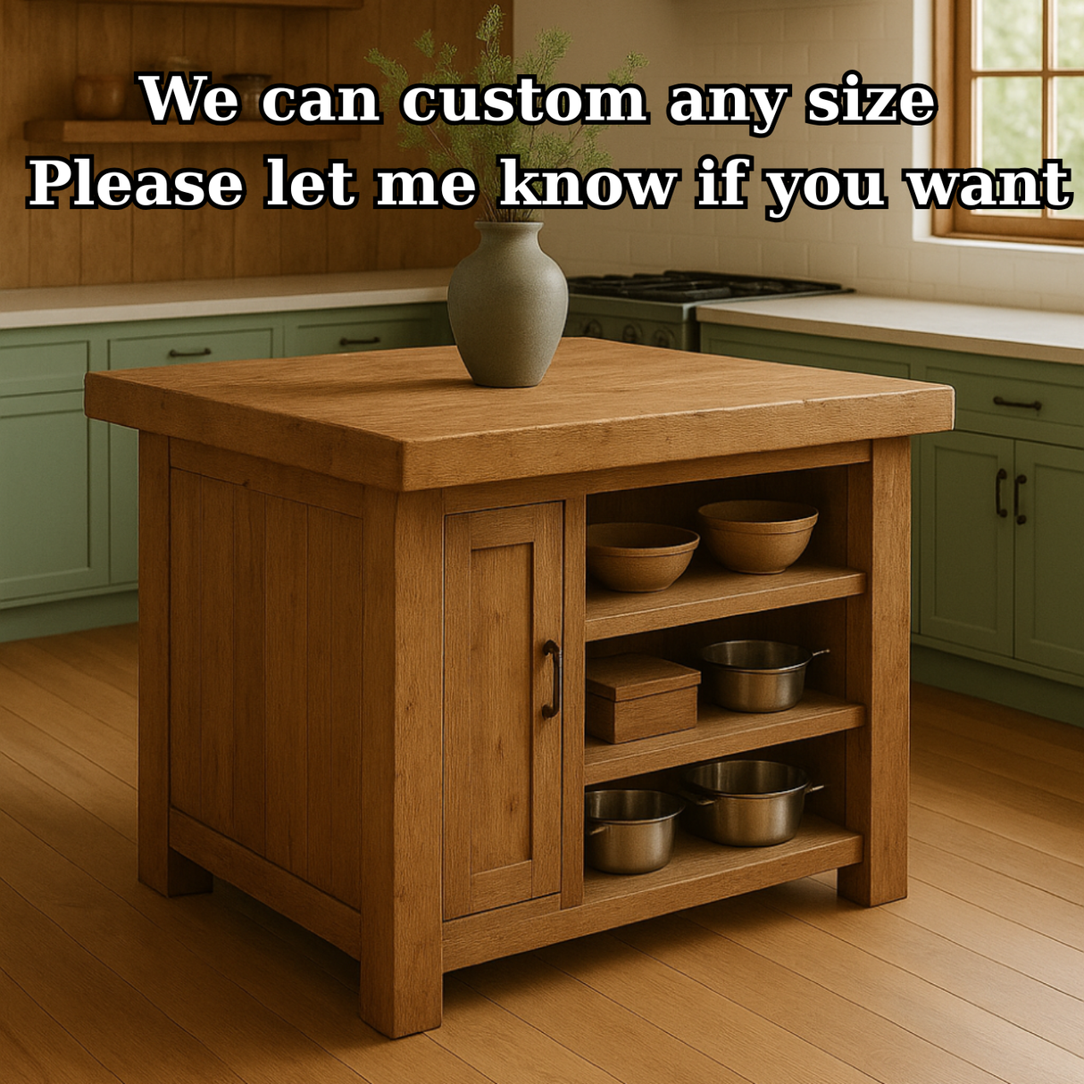 Handcrafted Solid Wood Kitchen Island - Square Shape, Cabinet & Shelves