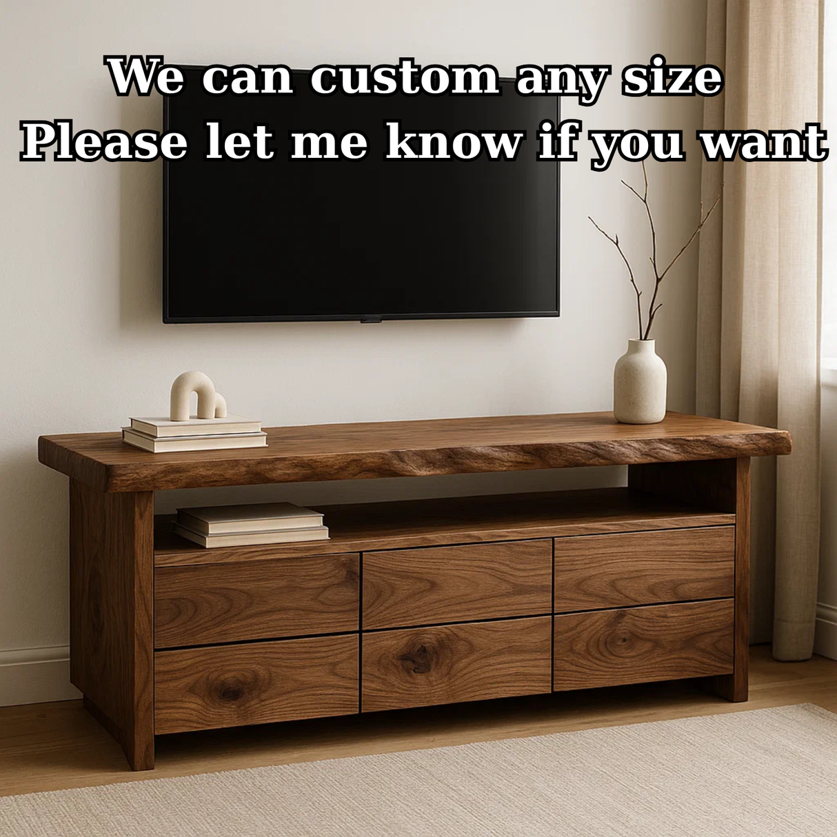 Handcrafted Solid Wood TV Stand with Live Edge Walnut Top and Modern Storage