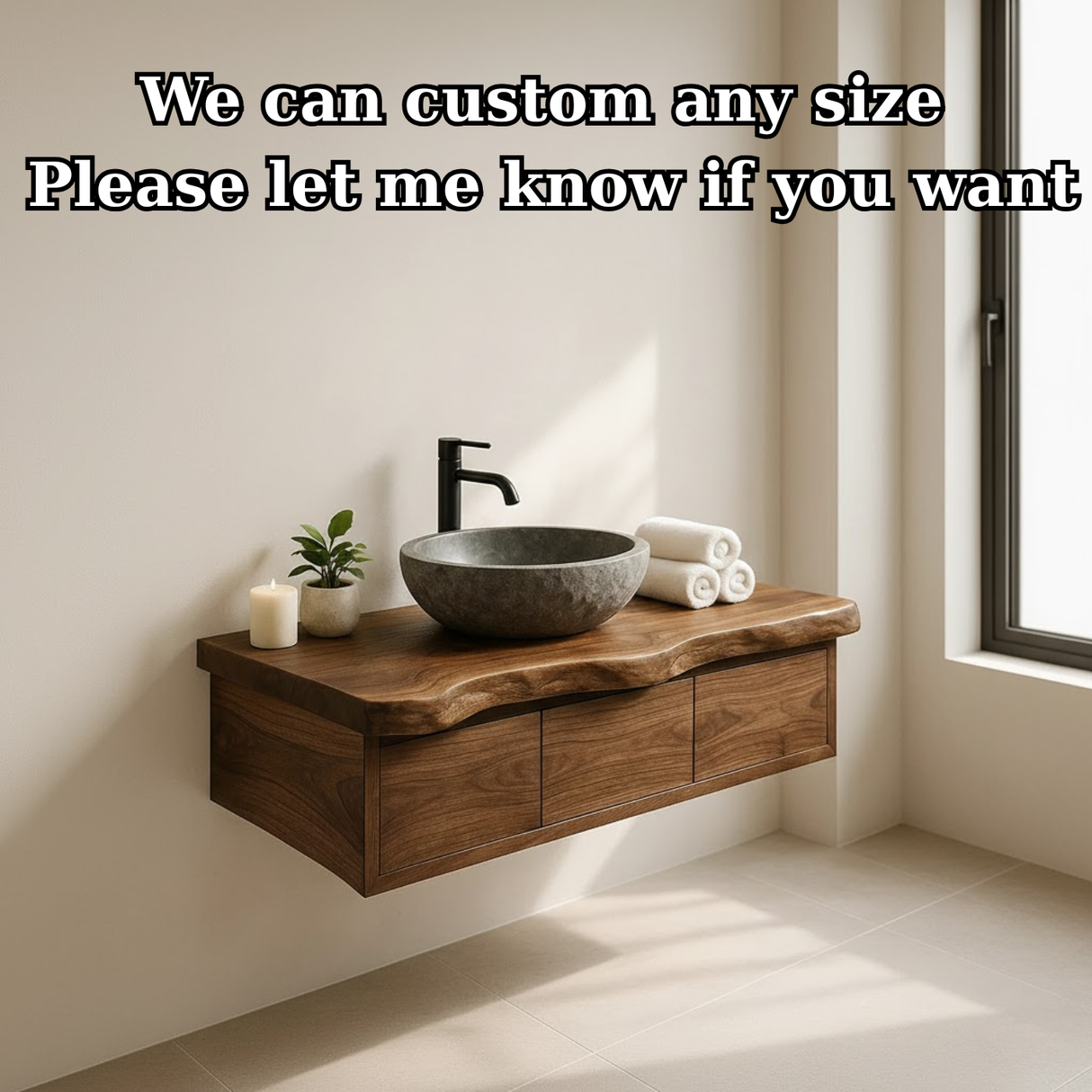 Handcrafted Solid Wood Floating Vanity - Live Edge Wall-Mounted Cabinet