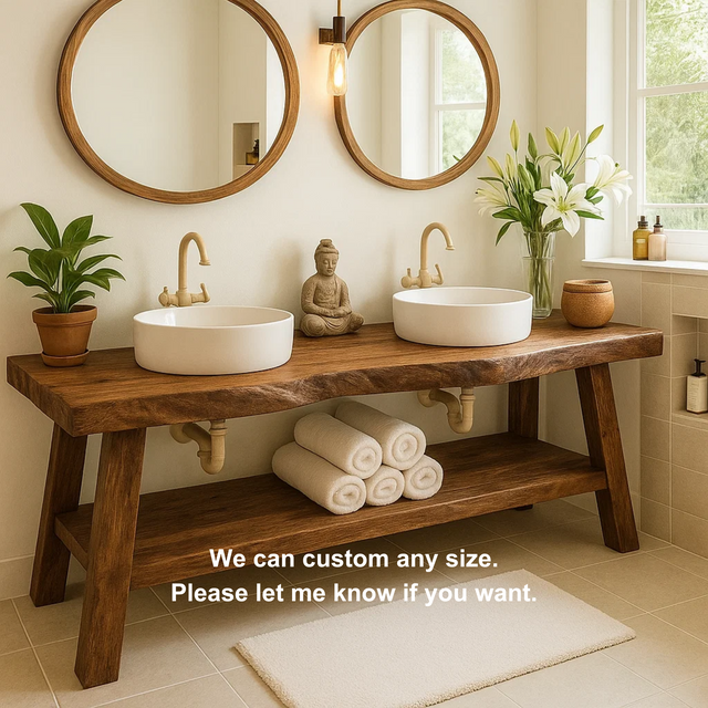 Handcrafted Double Solid Wood Bathroom Vanity with Drawers and Slatted Shelf for Modern Homes