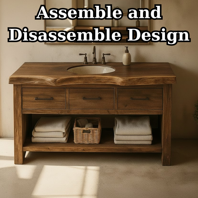 Handcrafted Solid Wood Bathroom Vanity with Live Edge Top, Triple Drawers & Open Storage Shelf