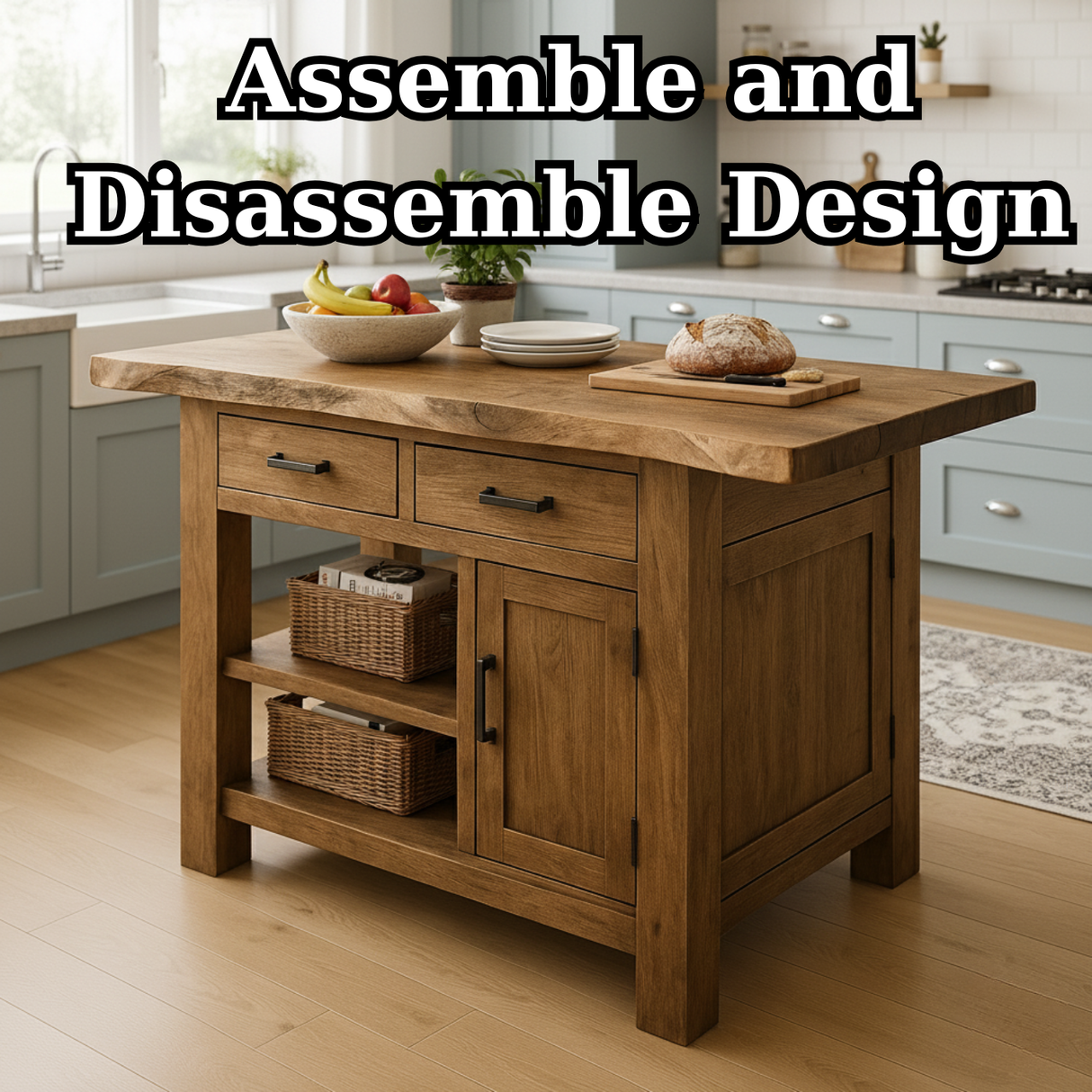 Handcrafted Solid Wood Kitchen Island - Live-Edge Top, Drawers & Cabinet