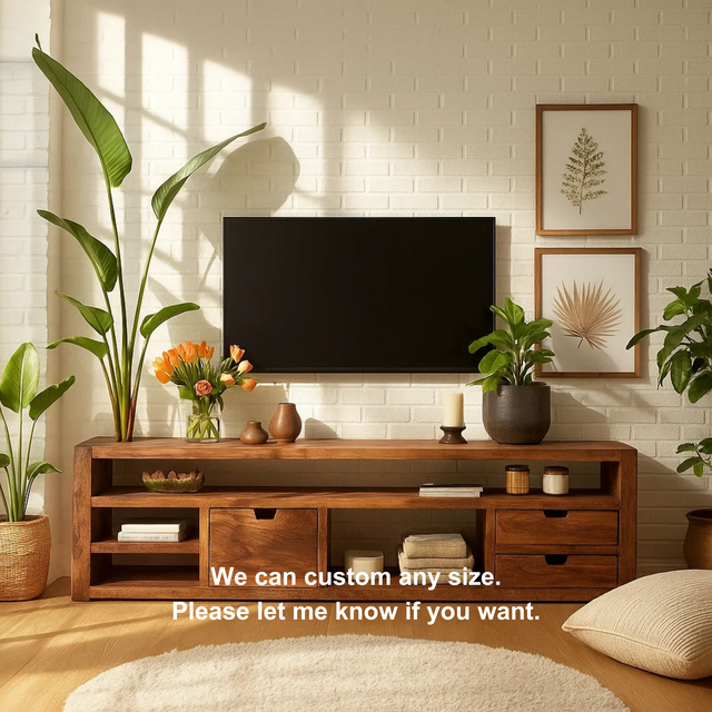 Handcrafted Solid Wood TV Stand with Drawers – Modern Rustic Media Console for Living Room