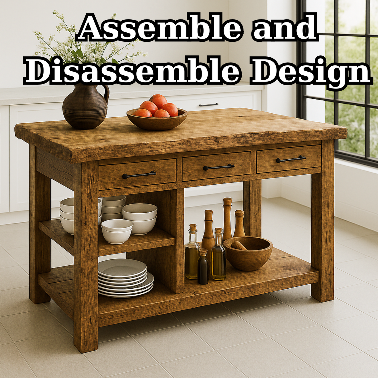 Handcrafted Solid Wood Kitchen Island - Live-Edge Top, 3 Drawers & Shelves