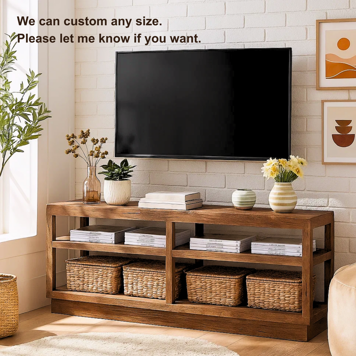 Handcrafted Solid Wood TV Stand – Minimalist Open Shelf Media Console for Modern Living Room