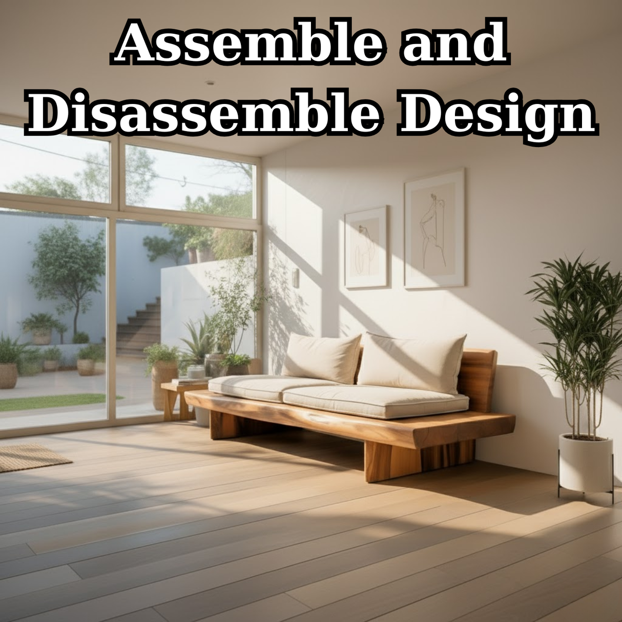 Handcrafted Solid Wood Sofa – Low Minimalist Design with Natural Live Edge and Linen Cushions