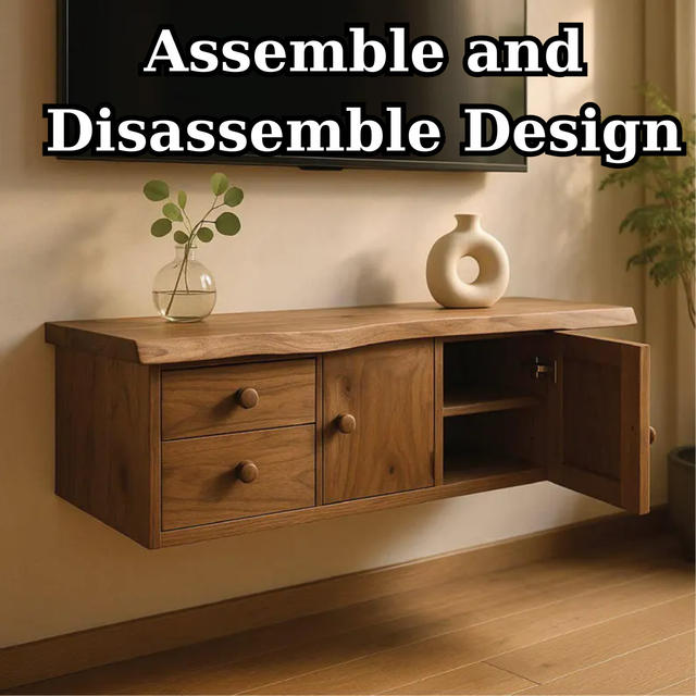 Handcrafted Solid Wood Floating TV Stand, Live Edge Media Console with Cabinet & Drawers