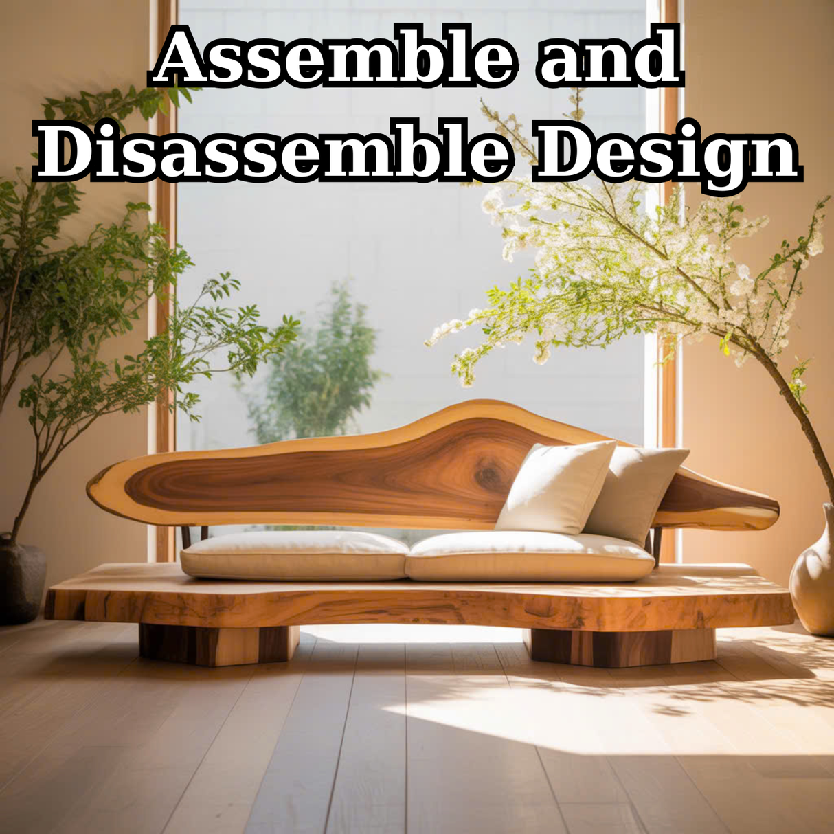 Handcrafted Solid Wood Sofa – Sculptural Live Edge Couch with Organic Form and Linen Cushions