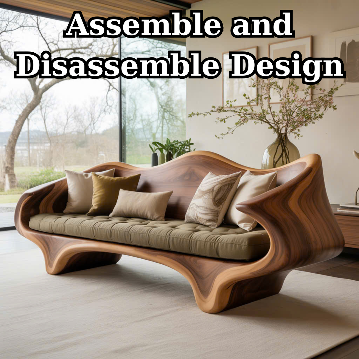 Handcrafted Solid Wood Sofa – Sculptural Organic Wood Couch with Artistic Curves and Cushion Seat