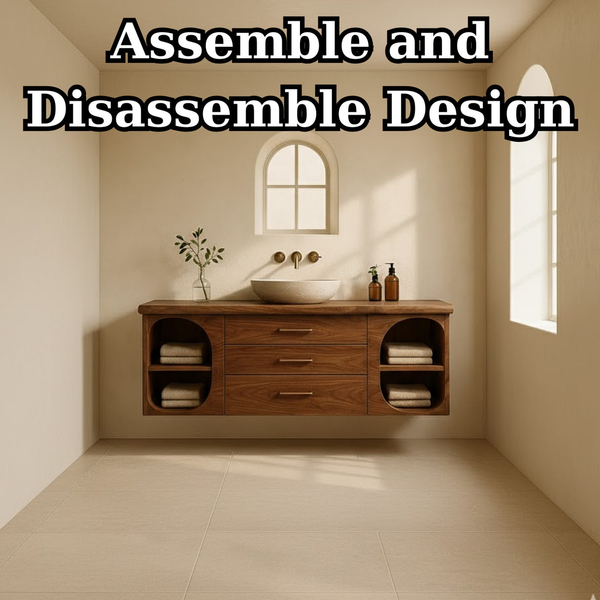 Handcrafted Solid Wood Floating Vanity - Modern Wall-Mounted Cabinet with Arches