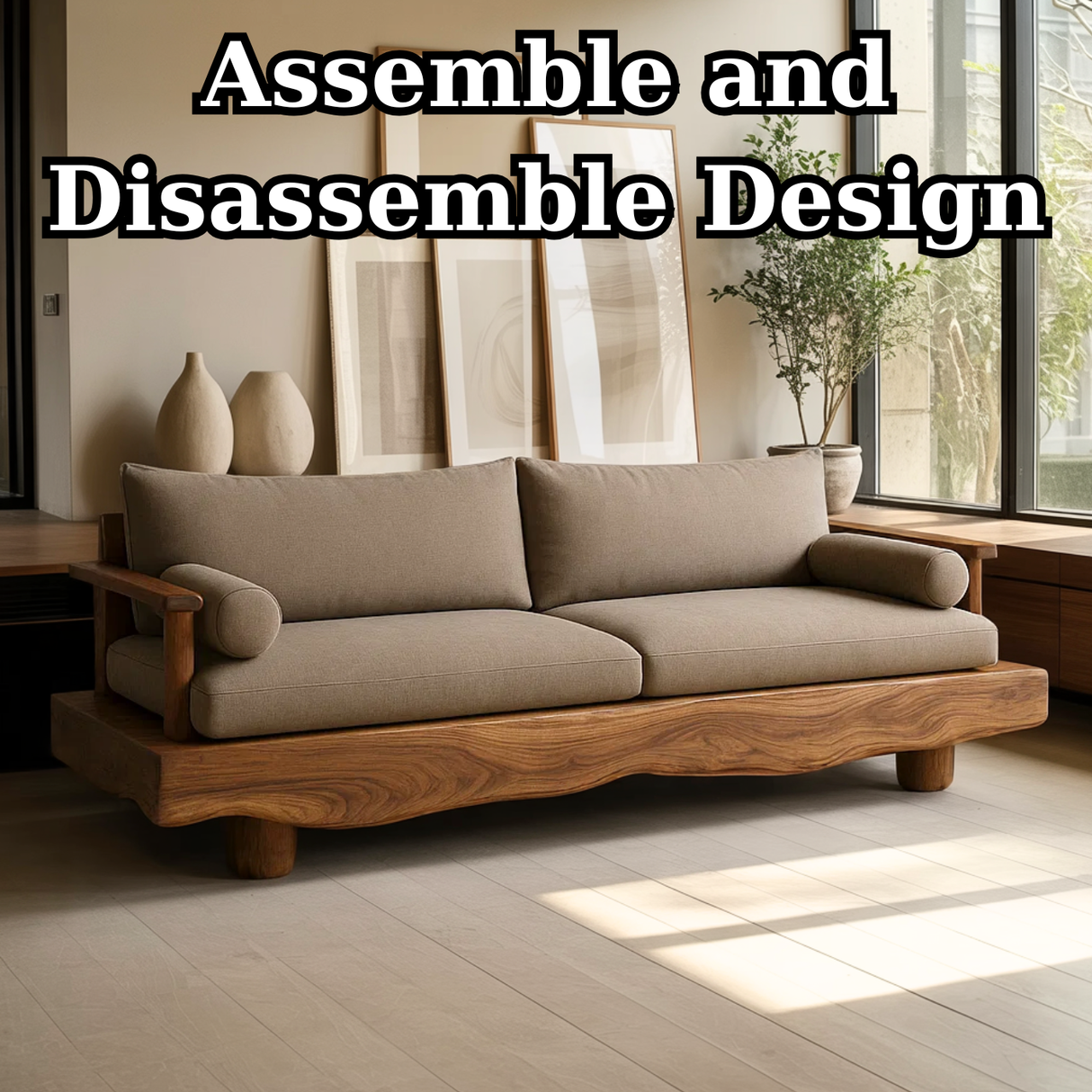 Handcrafted Solid Wood Sofa – Rustic Live Edge Wood Couch with Modern Minimalist Cushion Design