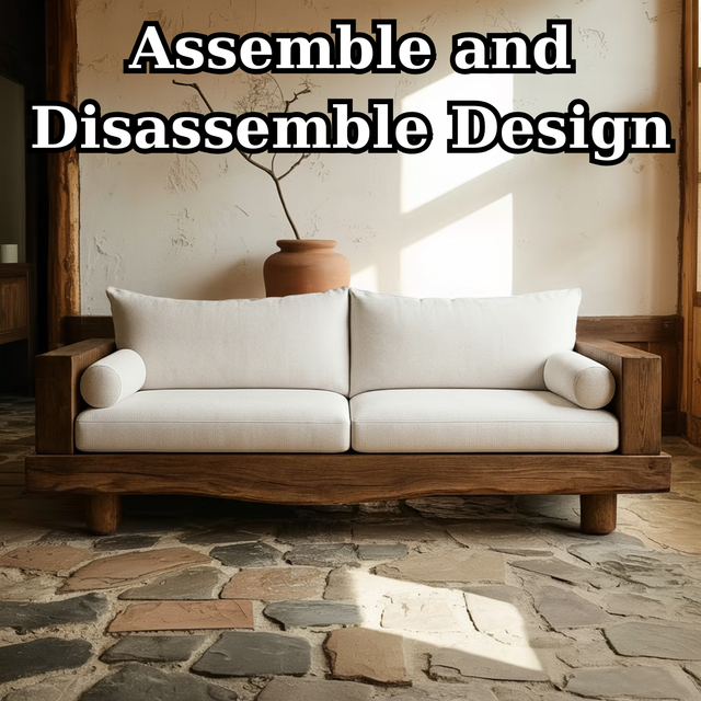 Handcrafted Solid Wood Sofa – Rustic Live Edge Wood Couch with Minimalist Linen Cushions