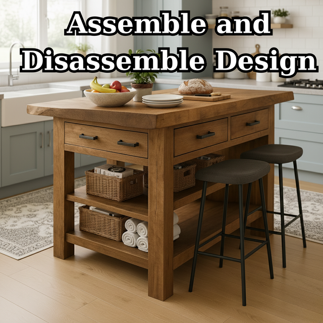 Handcrafted Solid Wood Kitchen Island - Rustic Top, 3 Drawers & Open Shelving