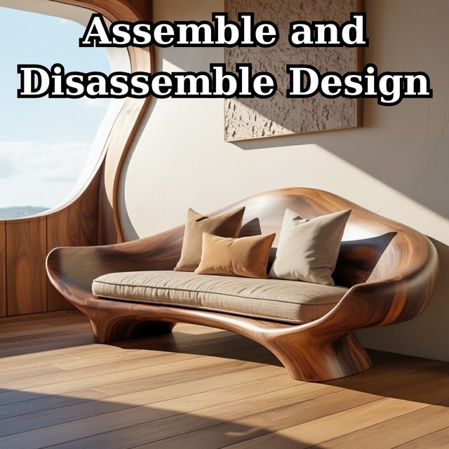 Handcrafted Solid Wood Sofa – Sculptural Organic Wood Couch with Smooth Curves and Linen Cushion