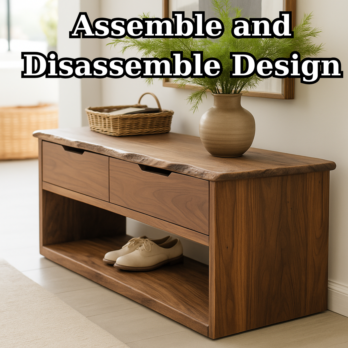 Handcrafted Solid Wood Bench – Live-Edge Entryway Bench with Drawers