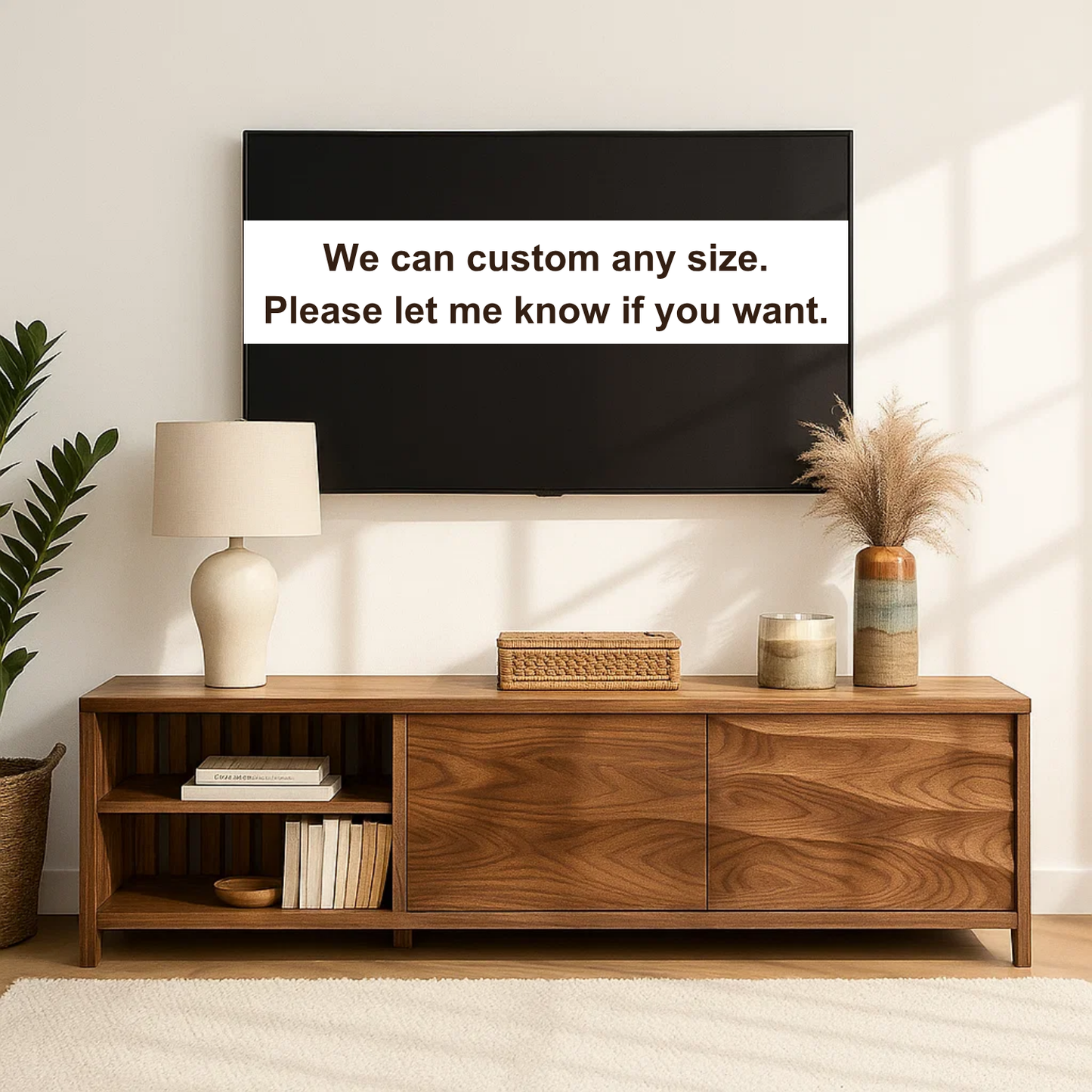 Handcrafted Solid Wood TV Stand – Modern Slatted Media Console with Sliding Doors Design