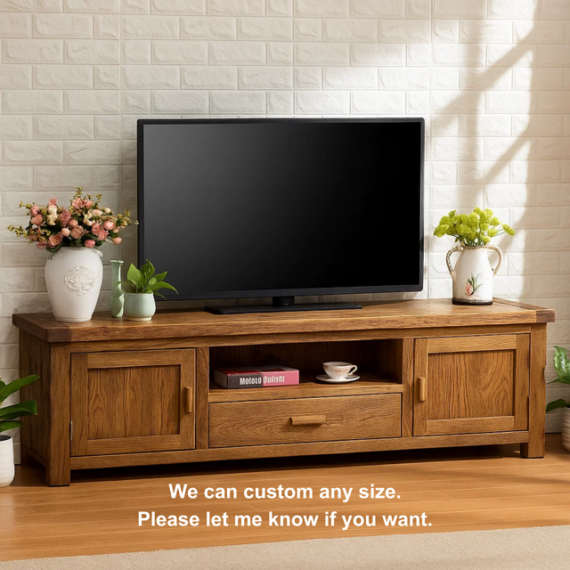 Handcrafted Solid Wood TV Stand – Rustic Media Console with Drawer and Storage Cabinets