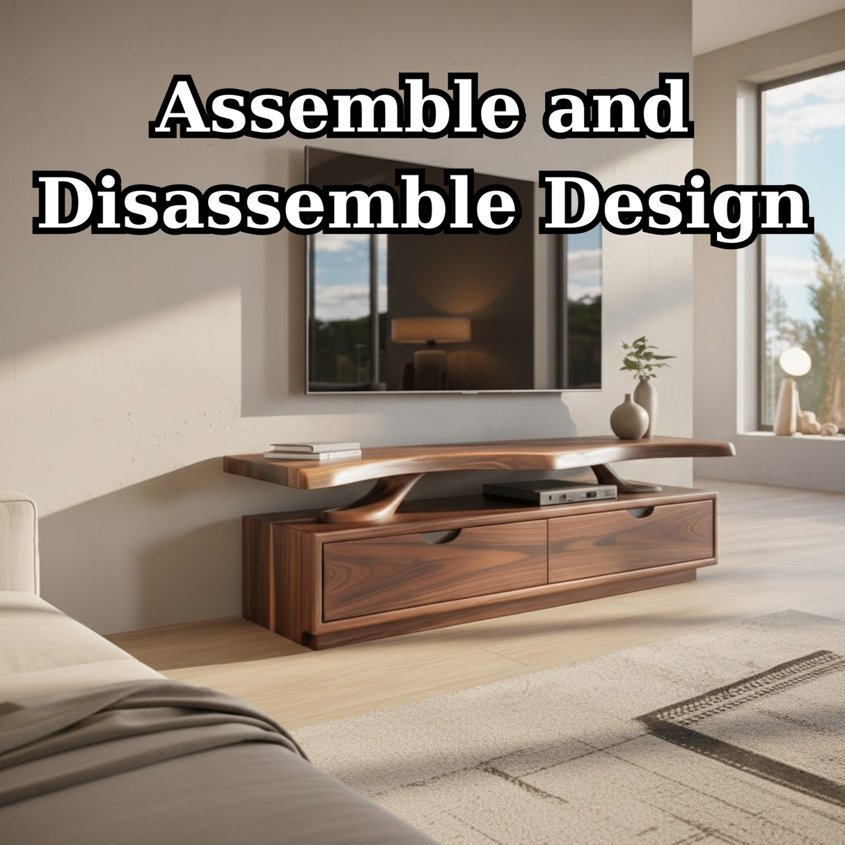 Handcrafted Solid Wood TV Stand with Sculpted Live-Edge Floating Shelf