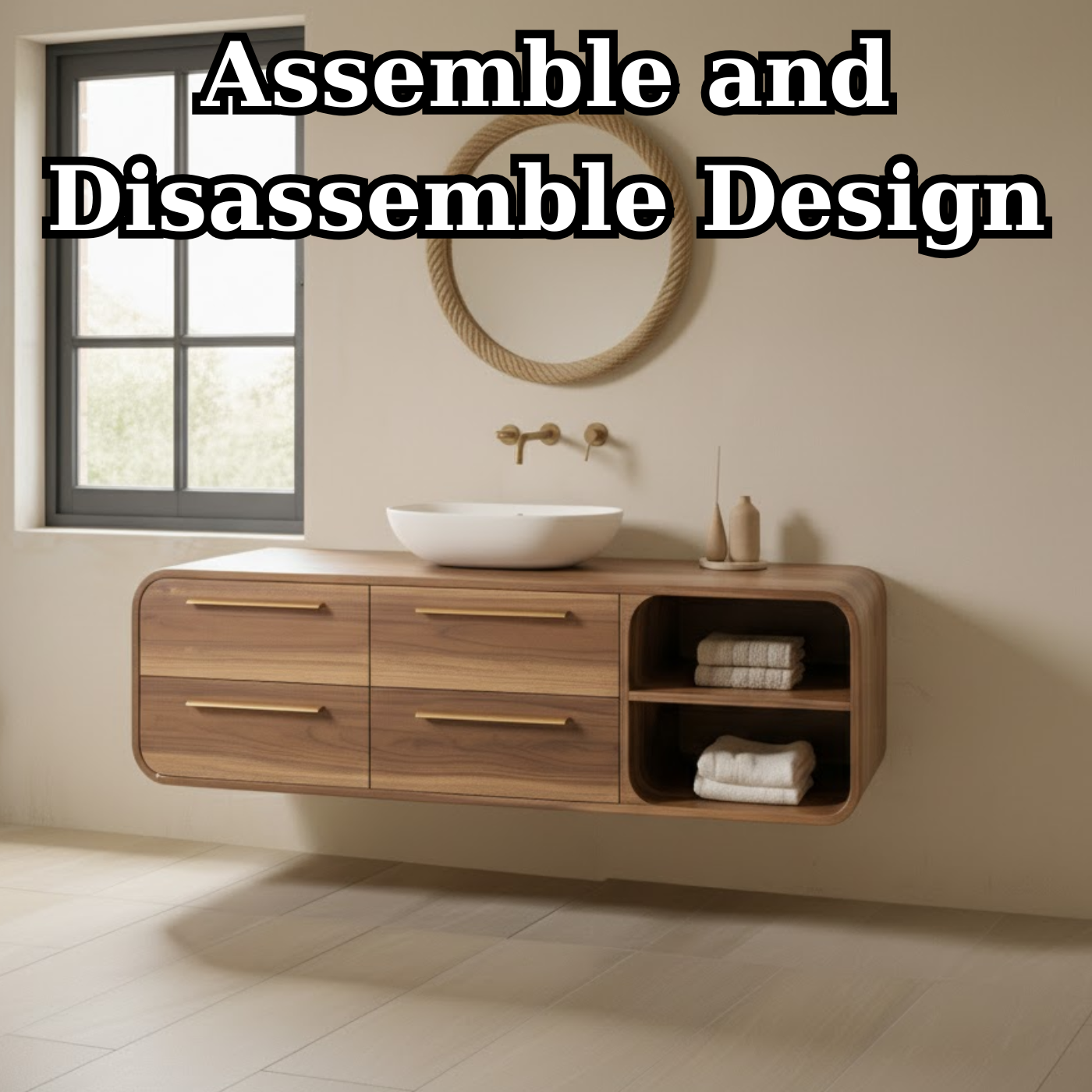 Handcrafted Solid Walnut Floating Vanity: Minimalist Gold Handle Bathroom Storage