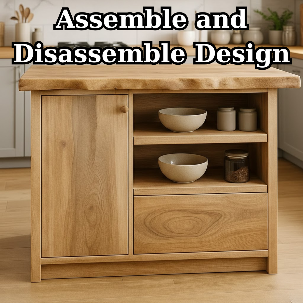 Handcrafted Solid Wood Kitchen Island with Live-Edge Top and Open Storage Shelves