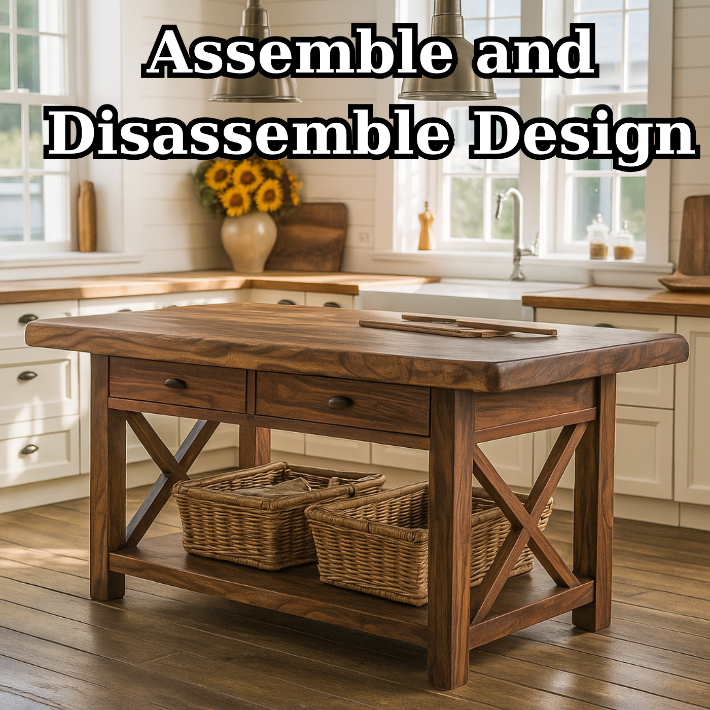 Handcrafted Solid Wood Kitchen Island - X-Base Design & Dark Finish
