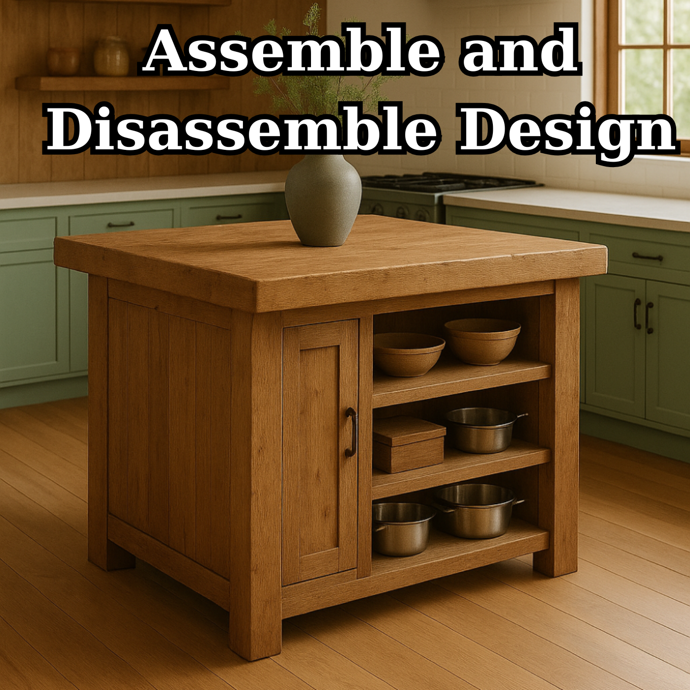 Handcrafted Solid Wood Kitchen Island - Square Shape, Cabinet & Shelves