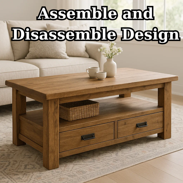 Handcrafted Solid Wood Coffee Table – Rustic Farmhouse Storage with Two Drawers and Shelf