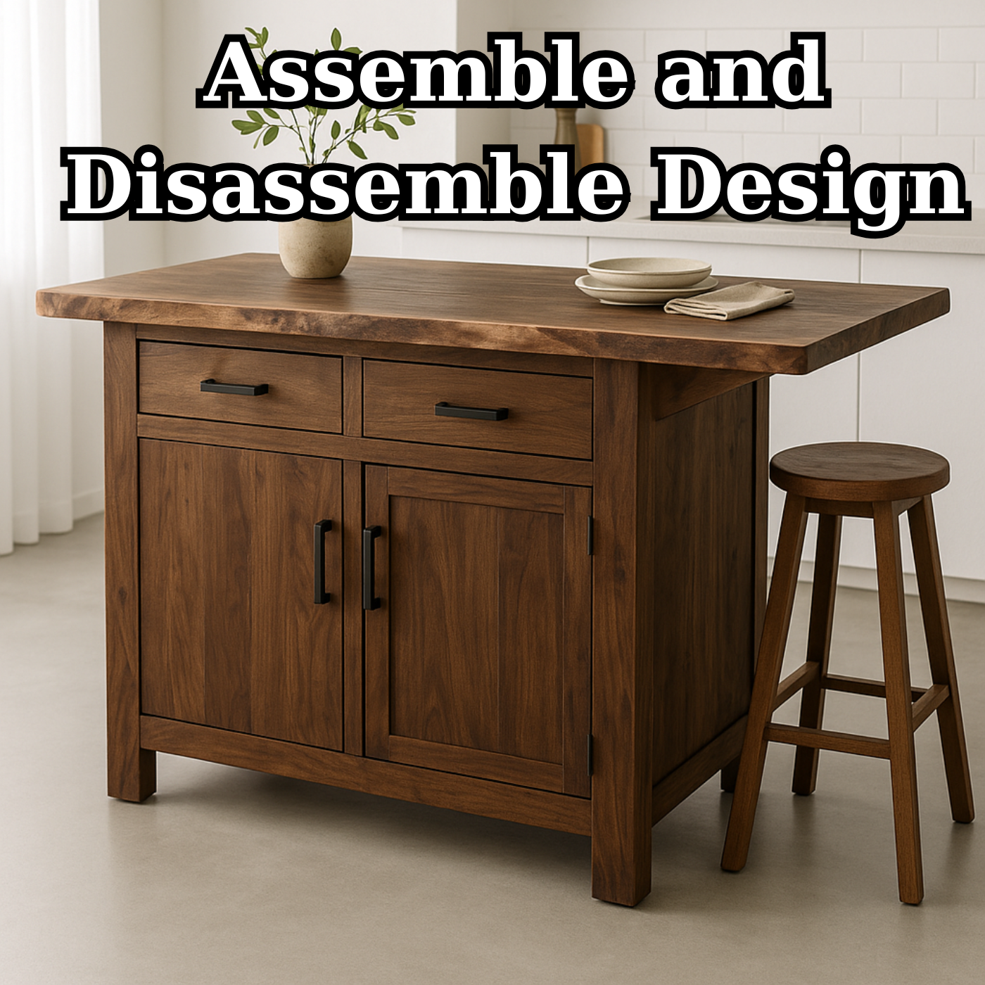 Handcrafted Solid Wood Kitchen Island - Storage Cabinets & Drawers