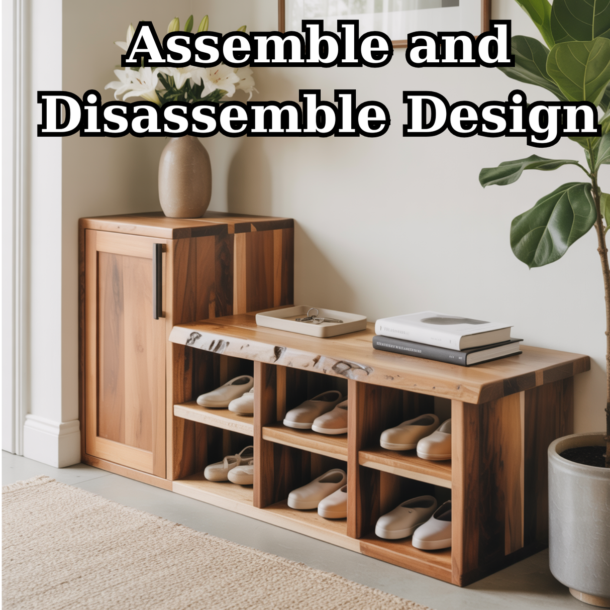 Handcrafted Solid Wood Bench - Live-Edge Entryway Shoe Storage Cabinet